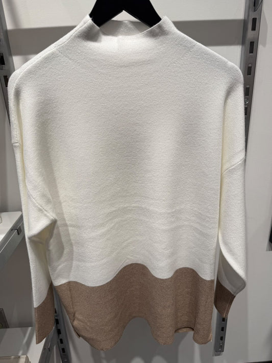 Two Tone Mock Neck Sweater-White & Beige