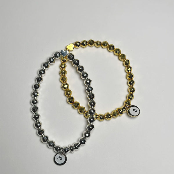 Gold and silver stacked hematite Stone Bracelet with a heart charm
