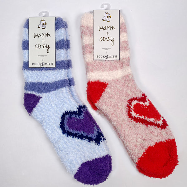 soft and fuzzy socks with hearts and stripes