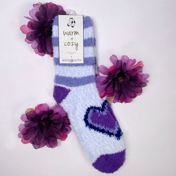 Purple soft and fuzzy socks with hearts and stripes with purple flowers