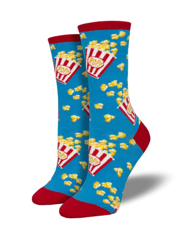 Blue Graphic socks with red and yellow popcorn print.