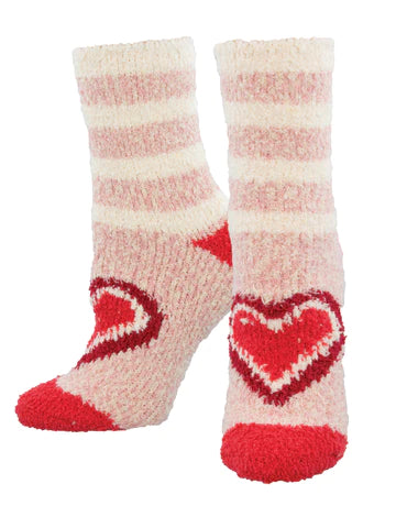 pink soft and fuzzy socks with hearts and stripes