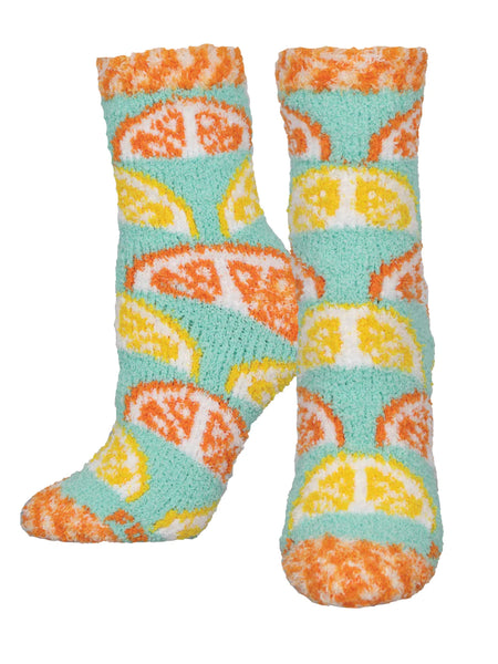 turquois soft and fuzzy socks with lemons and orange slices